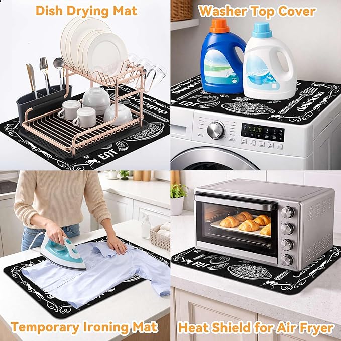 Decorative Stove Top Covers for Electric Stove 28"x20" – Heat Resistant Glass Cooktop Protector Dish Drying Mat – Non-Slip Rubber Backing Washer Top Cover Waterproof Extra Counter Space (Kitchen 1)