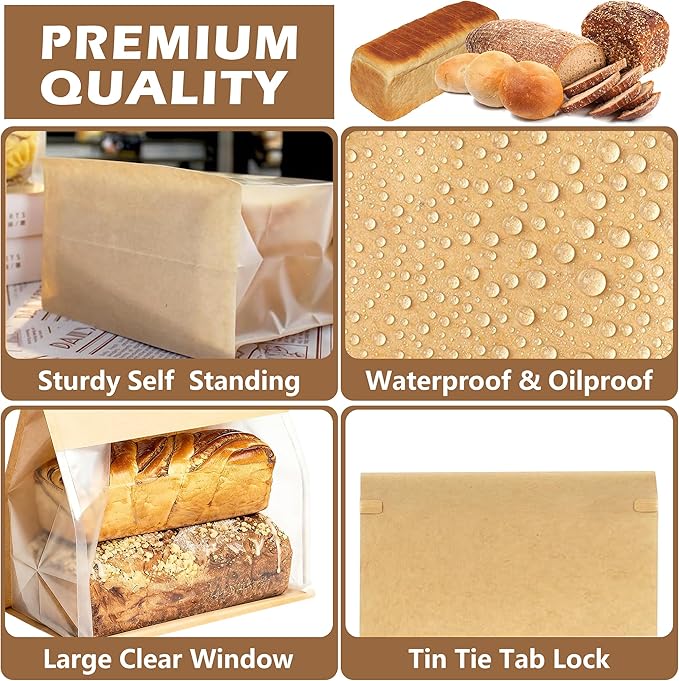 50 Pack Extra Large Paper Bread Bags for Homemade Bread Sourdough Bags, 13.7x10.6x5.5 Inches Resealable Tin Tie Tab Lock Bakery Loaf Bag with Window, Baked Goods Packaging for Gifting and Bake Sale