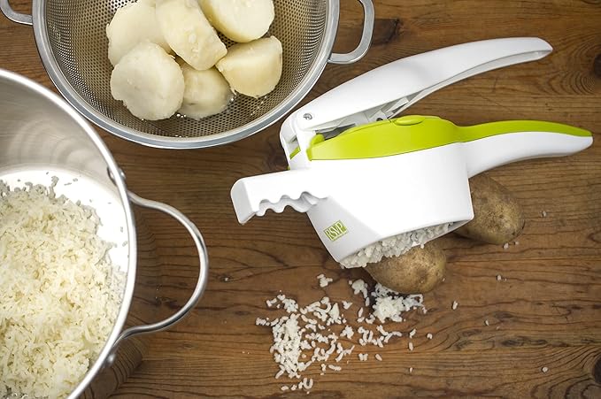 RSVP International (SPUD) Potato Ricer, White/Green | Mash Potatoes, Fruits, Vegetables & More | Includes Medium & Coarse Plates | Pot Resting Extension | Dishwasher Safe