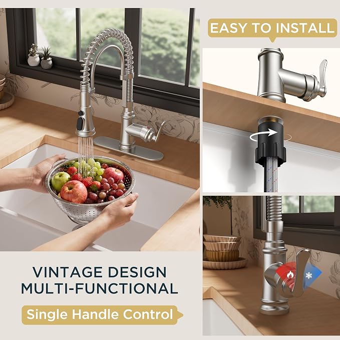 FORIOUS Kitchen Faucet with Pull Down Sprayer, Stainless Steel Single Handle Spring Antique Kitchen Sink Faucet with Deck Plate, Sutiable for Farmhouse, RV, Camper, Wet Bar, Brushed Nickel