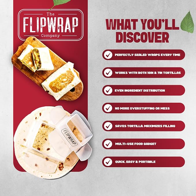 The Flipwrap Tortilla Wrap Maker Kit | Ultimate Wrap Builder for 7" and 10" Tortillas | Tortilla Maker for Burritos and Quesadillas | Perfect for Kid's Lunches | Tamper Cutter and Storage Box Included
