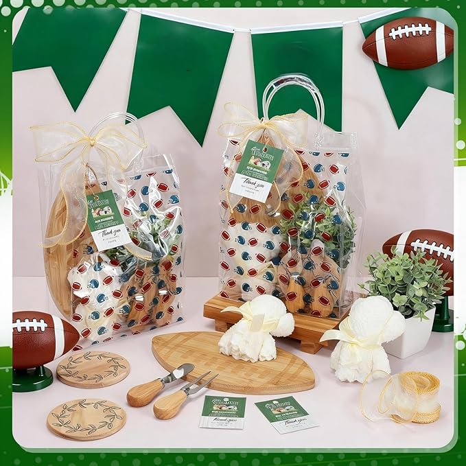 Honeydak 49 Pcs Football Baby Shower Prizes for Game Players 6 Sets Football Shaped Cheese Board Fork Knives Coasters Towel Potted Plant Thanks Card Gift Bag for Baby Bridal Shower Favor