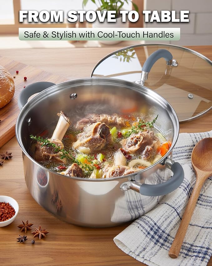 Cook N Home Basics Stainless Steel Cookware Sets, 6-Piece Pots and Pans | Induction Compatible, Dishwasher Oven Safe,Stay-Cool Silicone Handles