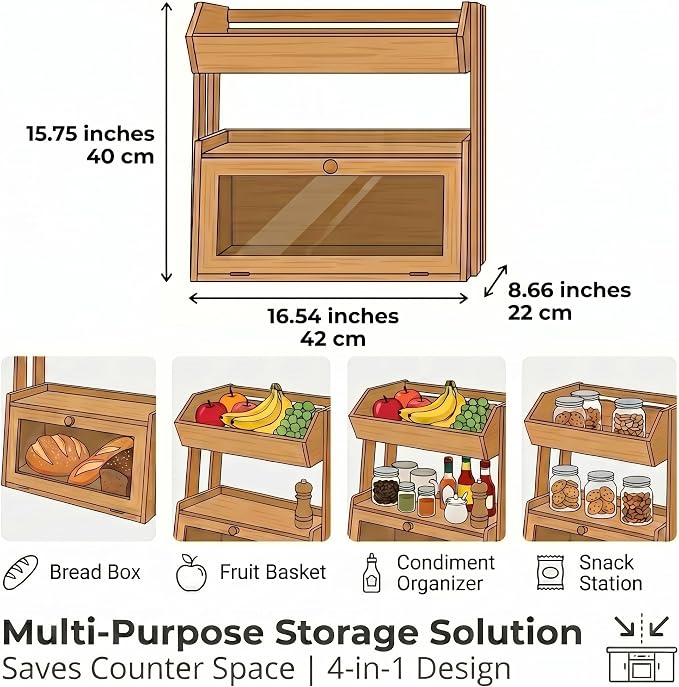 Bamboo Bread Box for Kitchen Countertop, 2 Tier Large Storage with Fruit Basket Top and Window, Farmhouse Organizer for Snacks & Vegetables