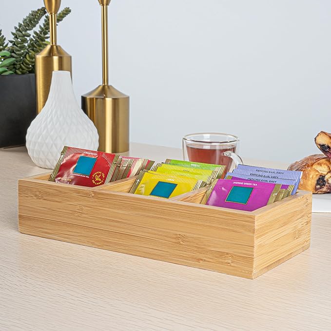 Restaurantware-9.5 x 4.25 x 2 Inch Coffee Condiment Organizer, 1 Rectangle Creamer Organizer - 3 Compartments, Break-Resistant, Bamboo Coffee Accessory Caddy, Won't Chip, For Tea And Sugar Packets
