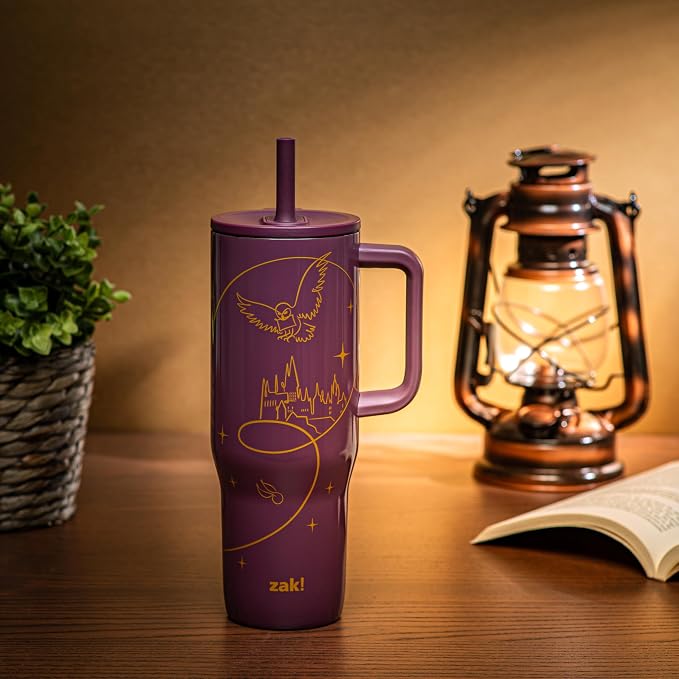 Zak Designs Harry Potter Sutton Travel Tumbler for On the Go, 30oz Stainless Steel with Vacuum Insulation, Silicone Straw, and Carry Handle for Cold Drinks (Hogwarts)