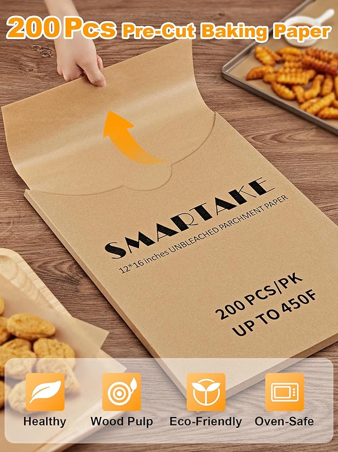 SMARTAKE 200 Pcs Parchment Paper Baking Sheets, 12x16 Inches Non-Stick Precut Baking Parchment, for Baking Grilling Steaming Bread Cup Cake Cookie and More (Unbleached)