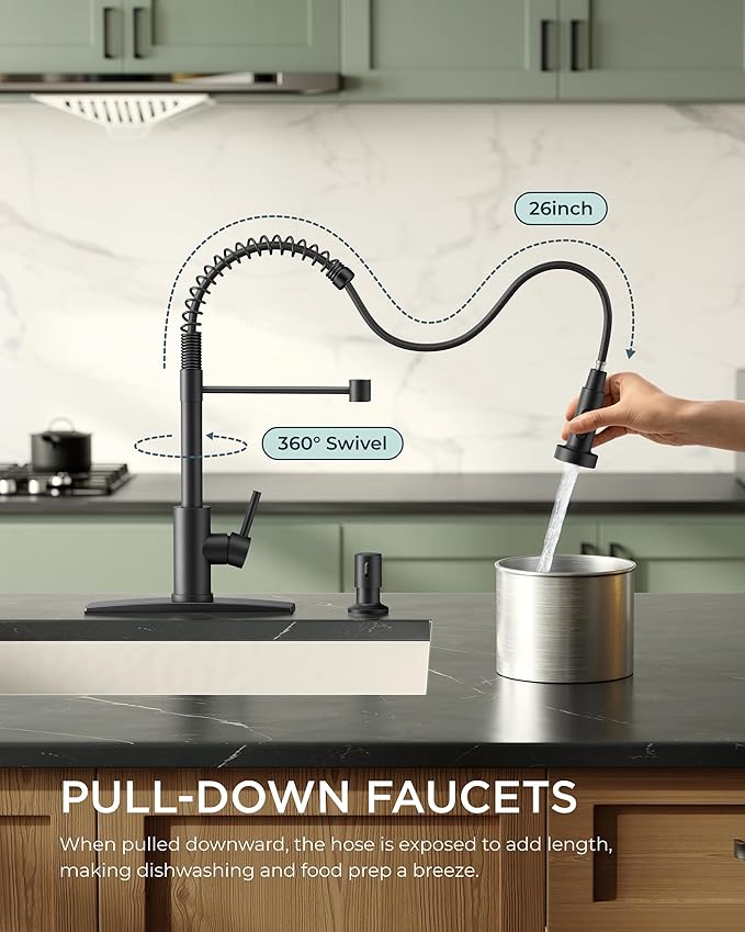 FORIOUS Black Kitchen Faucet with Soap Dispenser, Single Handle Stainless Steel Spring Sink Faucet with Pull Down Sprayer Transitional for Pot Filler, Farmhouse Camper Bar Laundry Room