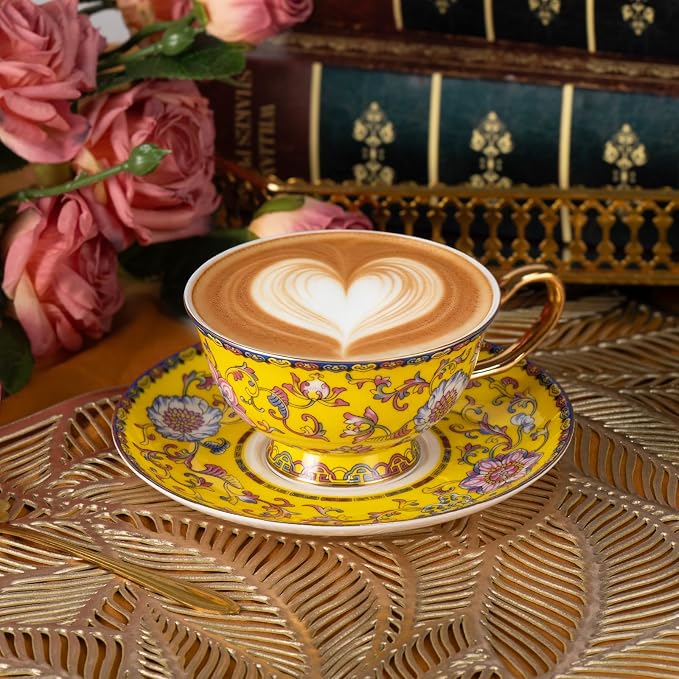 KAMMAK Tea Cups and Saucers Set of 2, Porcelain Coffee Cups, Stackable Espresso Mugs, Ceramic Demitasse for Coffee, Cappuccino, Latte, Americano, Tea, Full Bloom Yellow