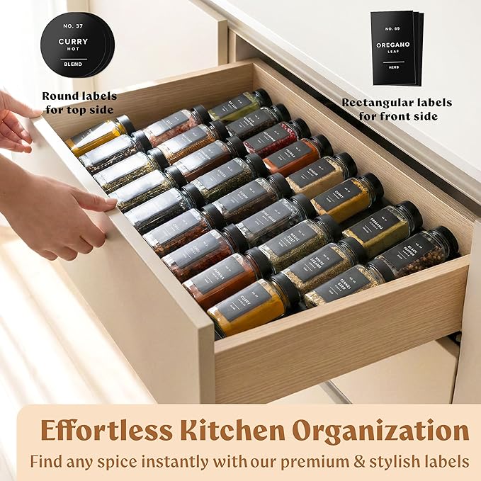 EDELHAUS Square Glass Spice Jars (24 x 4oz) with Black Lids + Magnetic Spice Rack for Refrigerator (Fits 12 Jars) + Bonus Slim Auxiliary Rack, 240 Labels, Shaker Inserts, Funnel