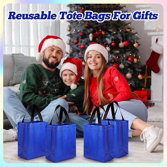 Eccliy Reusable Gift Bags Set Glossy Grocery Gift Tote Bag with Handle for Wedding, Bridal Shower, 4th of July, Summer Event(10 x 8 x 4.7 Inch,Blue,80 Pcs)