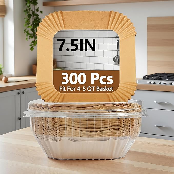 7.5 Inch Air Fryer Liners Disposable, 300PCS Air Fryer Paper Liners, Oil-Proof & High-Temperature Resistant Parchment Baking Paper for Air Fryer, Microwave and Oven（Bottom Is 6.3 Inch）