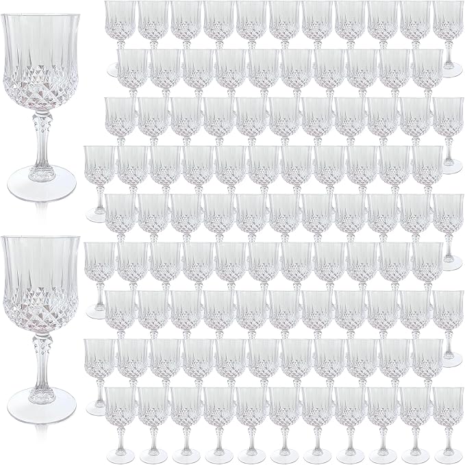 Plastic Wine Glasses, Plastic Goblets Vintage Style Cordial Unbreakable Drinking Glasses, Reusable Drinkware for Wedding Reception, Grand Event Party Supplies (100, Transparent)