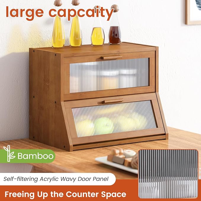 GHWIE Double Layer Bamboo Bread Box for Kitchen Counter,Large Capacity Bread Storage Bin,Bread Container with Acrylic Wavy Door Panel (Brown, Medium)