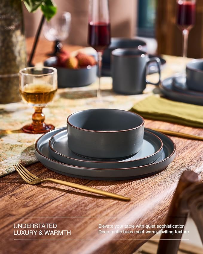 Famiware Nebula Ridge Stoneware Dinnerware Sets with Pasta Bowls, Plates and Bowls Sets, Service for 6 (24 Pieces), Microwave and Dishwasher Safe Kitchen Plates, Charcoal