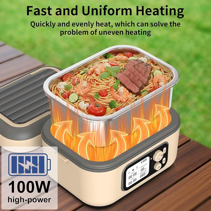 Cordless Electric Heated Lunch Box, 1.5L - 6.3 Cups 100W Rechargeable Smart Self-Heating Food Warmer with Removable Divider, Spoon, Fork, BPA Free, Portable Lunchbox for Car Travel Office Yellow