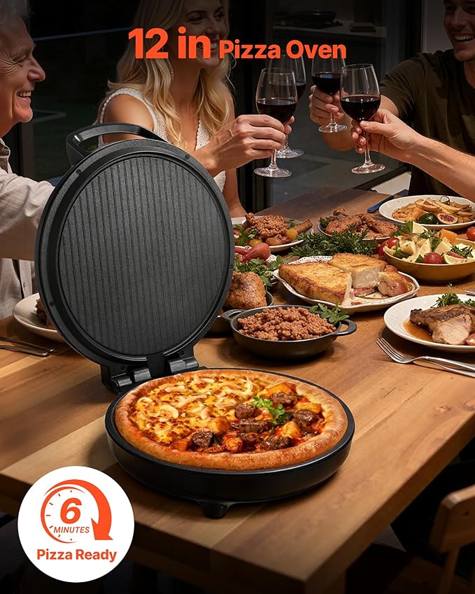 VEVOR Pizza Oven, 12 in Electric Pizza Maker, 1200W Electric Pizzas Cooker with Non-Stick Coating, 180° Open for Dual Side Baking, Heats up to 410 ˚F, Multi-Function Cooking, for Pizzas, Barbecue