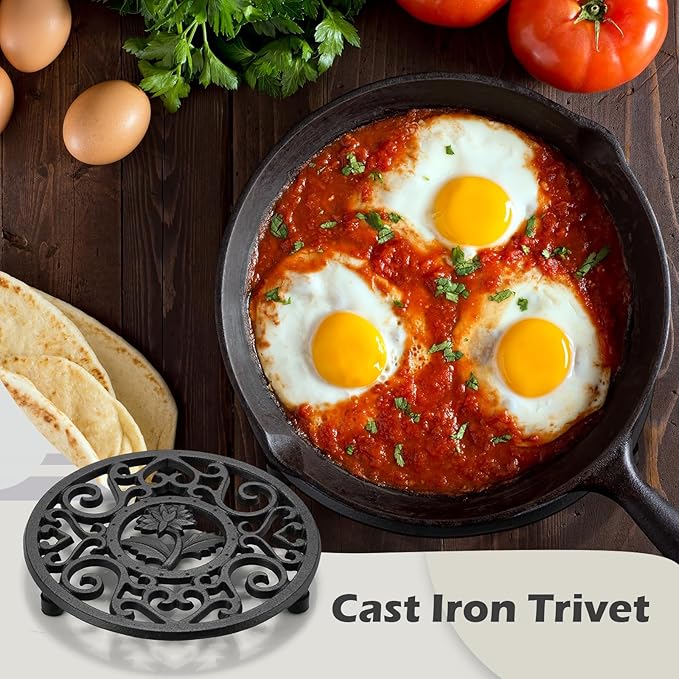 LEIFIDE 4 Pack Cast Iron Trivet with Pegs 5.2 Inch Round Metal Trivet with Vintage Patterns Rustproof Heat Resistant Hot Pot Plate Stand Holder Mat Pad for Kitchen Dining Table, Black
