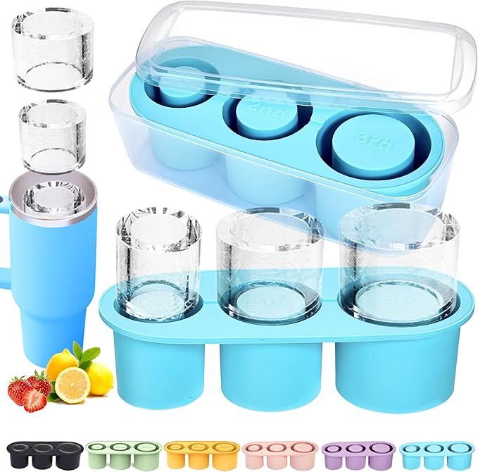 1pc Tumbler Ice Tray for Stanley/Yeti/Simple Modern etc. 40oz Tumblers, Silicone Ice Cube Tray for Tumblers with Bin and Lid, Blue