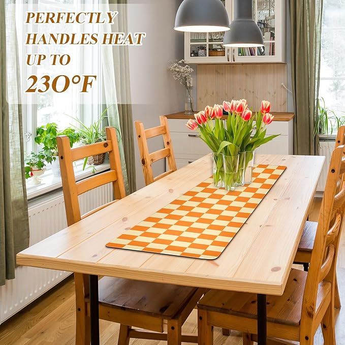 2-in-1 Table Runner Trivet for Hot Dishes Heat Resistant Hot Plate Mat Pad 39x12 Inch Waterproof Table Protector Trivets for Countertop Non Slip Decorative Checkered Orange