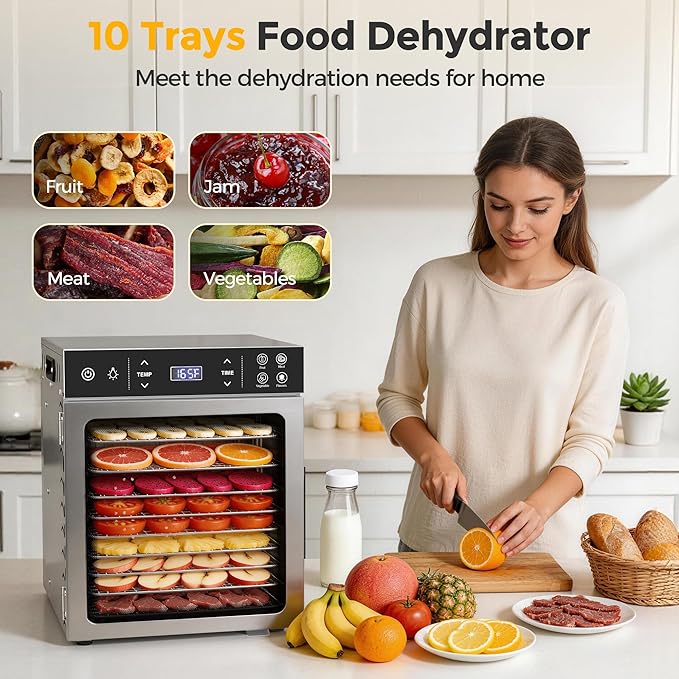 Suteck Food Dehydrator with 10 Stainless Steel Trays, 400W Dehydrator Machine with Dual Fans & 360° Airflow, Digital Temp & Time Control with 4 Presets, Quiet Food Dryer for Jerky, Fruit, Flower, Meat