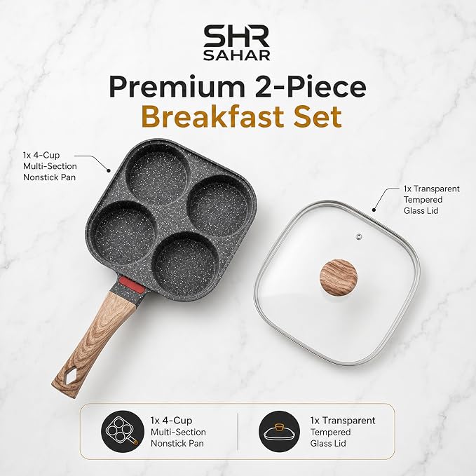 4-Cup Nonstick Egg Pan with Lid, Aluminum Multi-Section Frying Pan, Egg Cooker & Mini Pancake Maker for Breakfast, Pancakes & Omelets, Compatible with Gas & Induction Cooktops