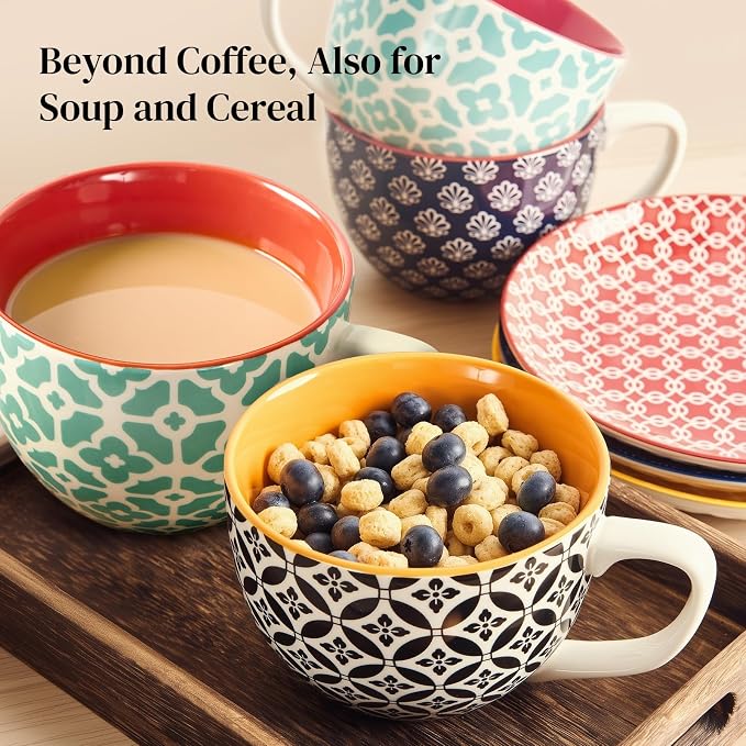 DOWAN Mosaian Soup Mugs, 24oz Large Coffee Mugs Set of 4, Soup Mugs With Handles, Ceramic Mugs for Soup/Coffee/Cereal/Latte, Thanksgiving and Housewarming Gifts for Family and Friends