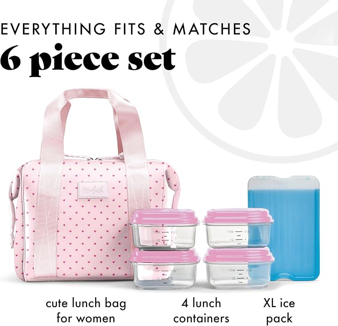Fit & Fresh Remi Lunch Bag for Women Work – Neoprene Lunch Tote with Containers & Ice Pack, Reusable Meal Prep Lunch Box, Large Capacity, Machine Washable, Tiny Hearts