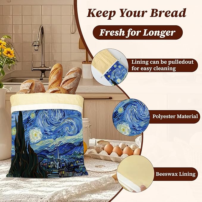 Bread Bags for Homemade Bread, Starry Night 2 Pack Linen and Beeswax Sourdough Storage Bags, Reusable Keeper, Keeps Breads Fresh Longer, Gifts for Bakers