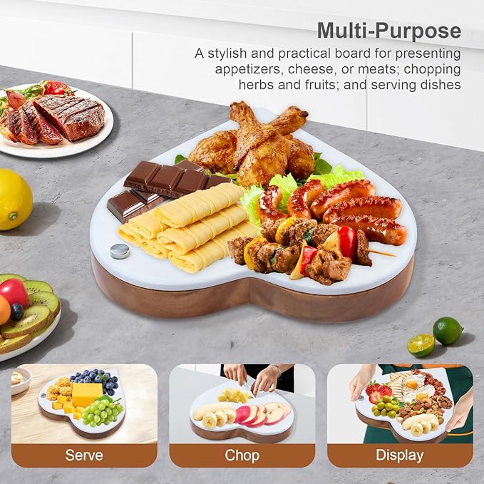 8.2" Valentine Heart-Shaped Acacia Wood Cheese & Charcuterie Board with 360° Rotating Marble Lid and Cheese Utensil Set (Spade, Knife, Fork) - Housewarming, Birthday & Wedding Gift