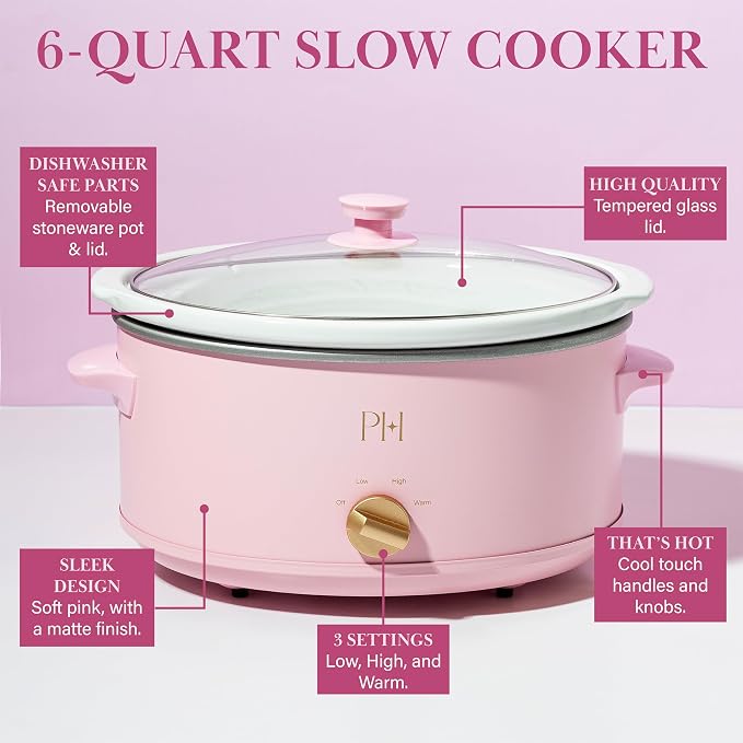 Paris Hilton 6-Quart Manual Slow Cooker, Naturally Nonstick Stoneware Ceramic Insert, Three Settings (Low, High, Warm), Dishwasher Safe Family Size Slow Cooker, Pink