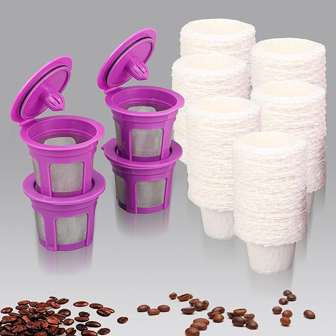 Irmidi 600 Count Disposable Paper Coffee Filters with 4 Pack Reusable K Cups, Compatible with Keurig 2.0 and 1.0 Coffee Maker