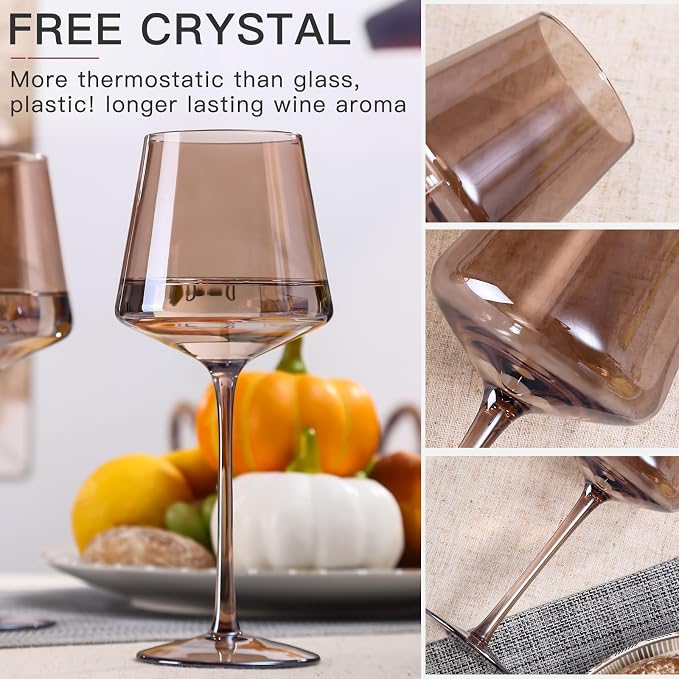 comfit Colored Wine Glasses Set of 6-16oz Smokey Sand Wine Glasses with Tall Long Stems and Flat Bottom,Crystal Amber Wine Glasses-Unique Gifts for Wine Lovers,Wedding,Engagement Gifts(Smokey Sand)