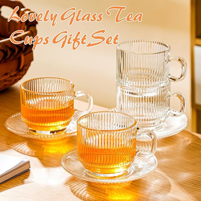 Atarvana 6 Pack Glass Tea Cups and Saucers Set with Spoons, Glazeal Stackable 5.41oz/160ml Heat-Resistant Espresso Cups, Transparent Tea Glass for Cappuccino, Latte, Cafe and Home Kitchen Use