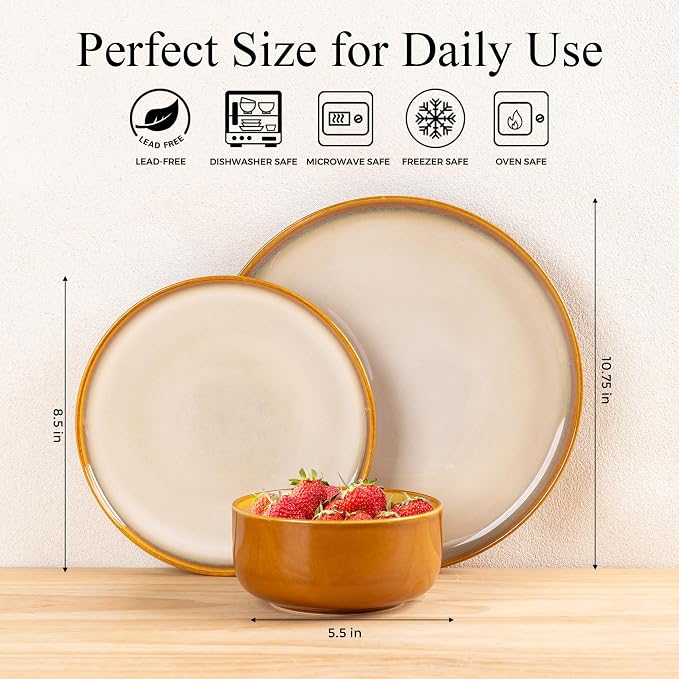 LERATIO Ceramic Dinnerware Sets for 4,12 Pieces Poreclain Plates and Bowls Sets,Scratch Resistant Dishes,Dishwasher & Microwave Safe Dishes Set,Service for 4-Kahki