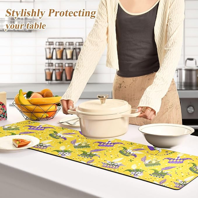2 in 1 Table Runner Trivet for Hot Pots and Pans Heat Resistant Non Slip Waterproof 39 x 12 Inch Decorative Table Protector for Kitchen Countertop Mardi Gras Hats Yellow