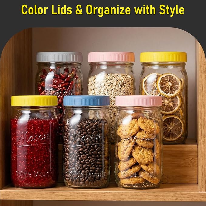 CycleMore 32 oz Wide Mouth Mason Jars with Airtight Metal Lids, 6-Pack Canning Jars with Colorful Plastic Lids & Pitcher Lid, Quart Jars for Overnight Oats, Pickling, Cold Brew, and Sun Tea