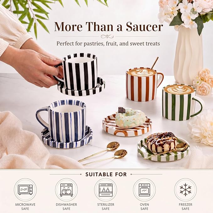 Unittype 8oz Cappuccino Cups Set of 4 with Saucer and Gold Spoons Ceramic Retro Hand Painted Striped Coffee Mugs with Handle, 4 Colors Art Cup, Dishwasher & Microwave Safe for Espresso, Latte
