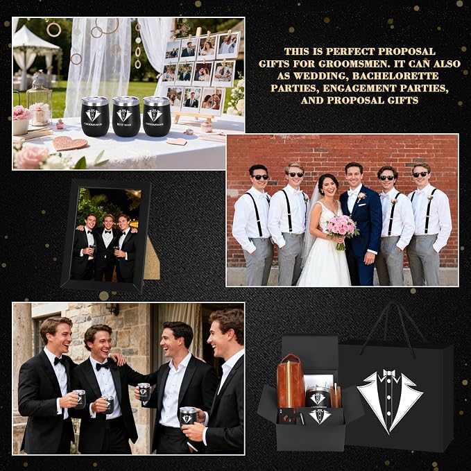 80PcsGroomsmen Proposal Gift of 8 Sets with 12OZ Wine Tumbler PU Leather Toiletry Bag Photo Frame Bottle Opener Pens with Exquisite Package for Wedding Groomsman Best Man Gift (8 set)