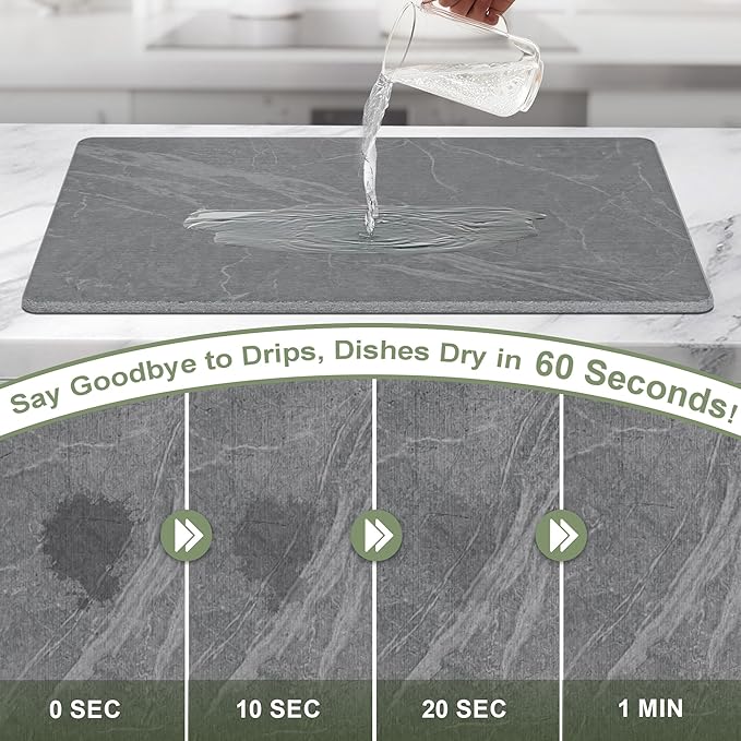 Large Stone Drying Mat for Kitchen Counter, 24" × 16" Diatomite Dish Drying Mat, Ultra Absorbent Diatomaceous Earth Dry Stone Mats with Dish Rack for Dished, Bottles, Black Marble