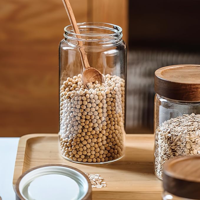 3 Pack 40 fl oz/1200 ml Clear Glass Storage Canister with Airtight Wooden Screw On Lid, Large Tall Decorative Glass Container Jar Set for Coffee, Nut, Tea, Candy, Cookie, Cereal, Sugar, Flour