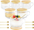 14oz Glass Coffee Mugs with Lid 6 Pack Vintage Mug with Handle Spoon | Embossed Vintage Hobnail, Non-slip, Ergonomic Handle, Bamboo Sealed Lid for Hot Cold Drinks Breakfast Overnoght Oats