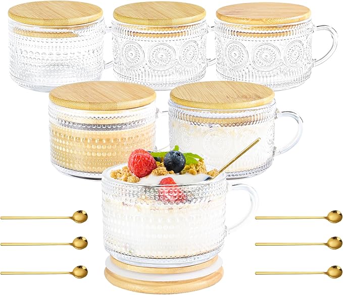14oz Glass Coffee Mugs with Lid 6 Pack Vintage Mug with Handle Spoon | Embossed Vintage Hobnail, Non-slip, Ergonomic Handle, Bamboo Sealed Lid for Hot Cold Drinks Breakfast Overnoght Oats