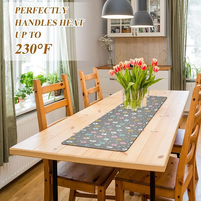 2 in 1 Table Runner Trivet for Hot Pots and Pans Heat Resistant Non Slip Waterproof 39 x 12 Inch Decorative Table Protector for Kitchen Countertop Paw Print Dots Stars Grey