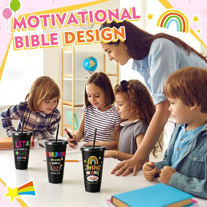Uiifan 50 Pcs VBS Christian Cups Bulk for Kids, Religious Plastic Tumblers with Bible Verses, Sunday School and Church Gifts, Reusable Cups with Lids and Straws (Black)