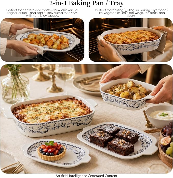 ACMLIFE Ceramic Casserole Dish with Lids for Oven, Large Baking Dish with Lid and Small Ceramic Casserole Dishes with Lid, Bakeware Set Baking Pan Lasagna Pan with Lids & Handles 4 Pcs Set (13x8 Inch+ 8x6 Inch, 2.01 Quart+0.85 Quart, Blue and White), C...