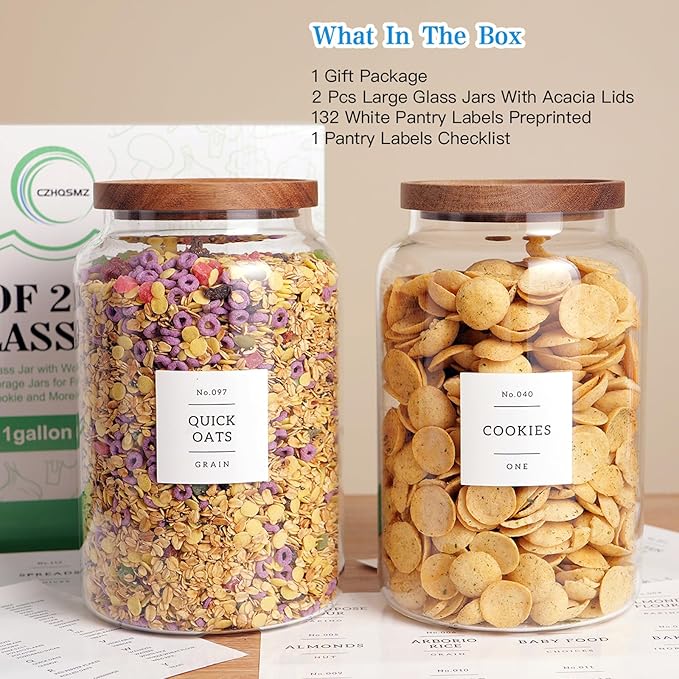 CZHQSMZ Set of 2 Large Glass Flour and Sugar Containers with 132 Pantry Labels - Glass Food Storage Jars with Airtight Bamboo Lid for Flour Pasta Candy Coffee Cookie and More(1 Gallon/4000 ml)
