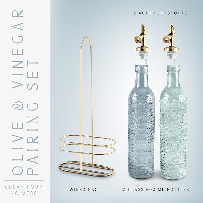 COOK WITH COLOR Glass Olive Oil Bottle Dispenser - 2 Pack- 17oz Oil and Vinegar Cruet - Olive Oil Carafe Decanter for Kitchen, Champagne Bubbles, Blue