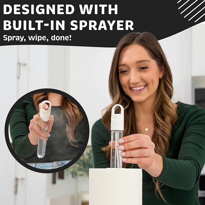 Stainless Steel Paper Towel Holder with Spray Pump – One-Handed Tear, Smart Traction System, 5 oz Sprayer Bottle, Heavy Duty Suction Cups, Weighted Base, Kitchen Towel Dispenser for Countertop Use