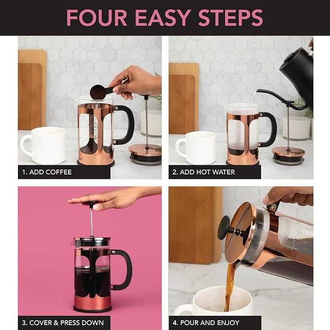 Farberware French Press Coffee Maker, Tea & Espresso Maker, Stainless Steel Cold Brew Press, Heat-Resistant Borosilicate Glass, BPA-Free, Measuring Spoon Included, 8 Cup Capacity (Rose Gold)
